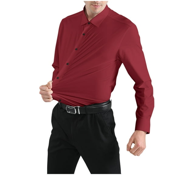 Iugvhana Men's Four Side Silk Dress Shirt Stretch Slim Lapel Long Sleeve Casual Business Wedding Shirt Tops Button Down Shirt Wine XXL