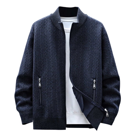 Iugvhana Men's Full Zip Up Cardigan Sweaters Fleece Lined Warm Long Sleeve Stand Collar Knit Sweater Cardigans with Zipper Pockets Dark Blue XL