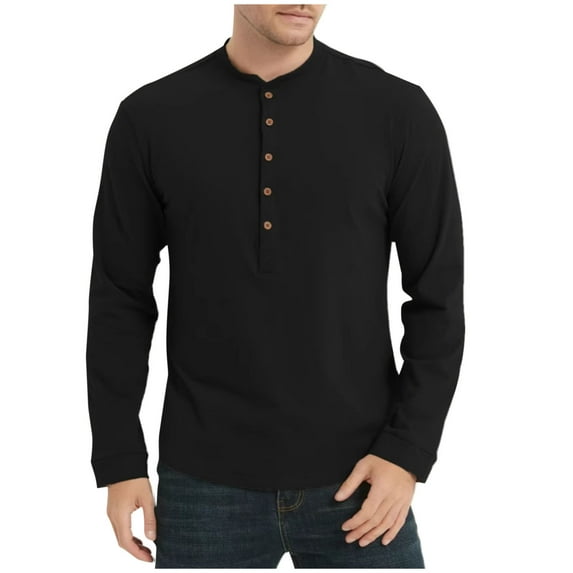 Iugvhana Men's Half Button Up Pullover Henly Shirt Slim Fit Casual Cotton Shirts Long Sleeve Crewneck Tops Blouse Shirt Black XL
