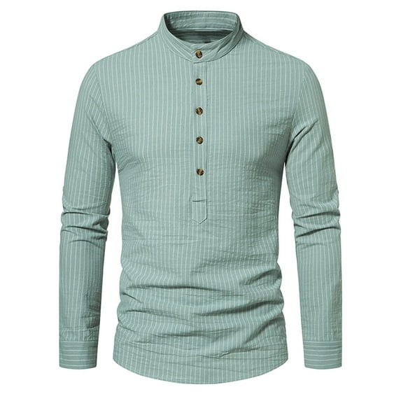 Iugvhana Men's Half Button Up Pullover Shirt Slim Fit Casual Stripe Shirts Long Sleeve Stand Collar Tops Blouse Shirt Green L