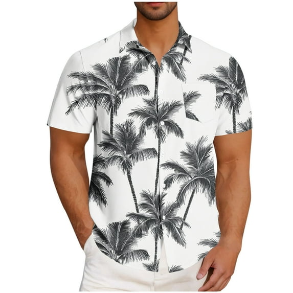 Iugvhana Men's Hawaiian Palm Tree Print Shirt Short Sleeve Button Down Shirts Tropical Floral Summer Beach Shirts White L