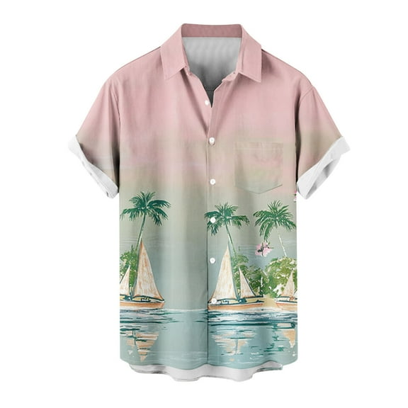 Iugvhana Men's Hawaiian Shirt Short Sleeve Button Down Shirts Tropical Summer Beach Shirts Casual Floral Aloha Shirts Pink M