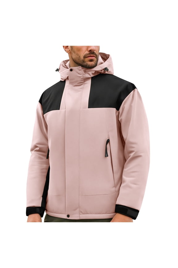 Men's Hiking Jacket Full Zip Hooded Casual Outdoor Waterproof Windproof Softshell Jackets with Zipper Pockets Pink M