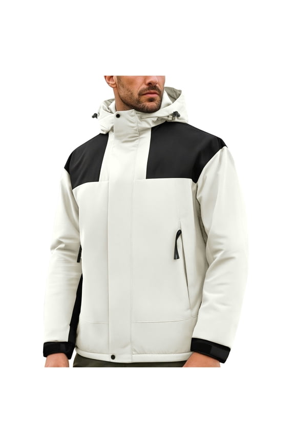 Men's Hiking Jacket Full Zip Hooded Casual Outdoor Waterproof Windproof Softshell Jackets with Zipper Pockets White XXXL