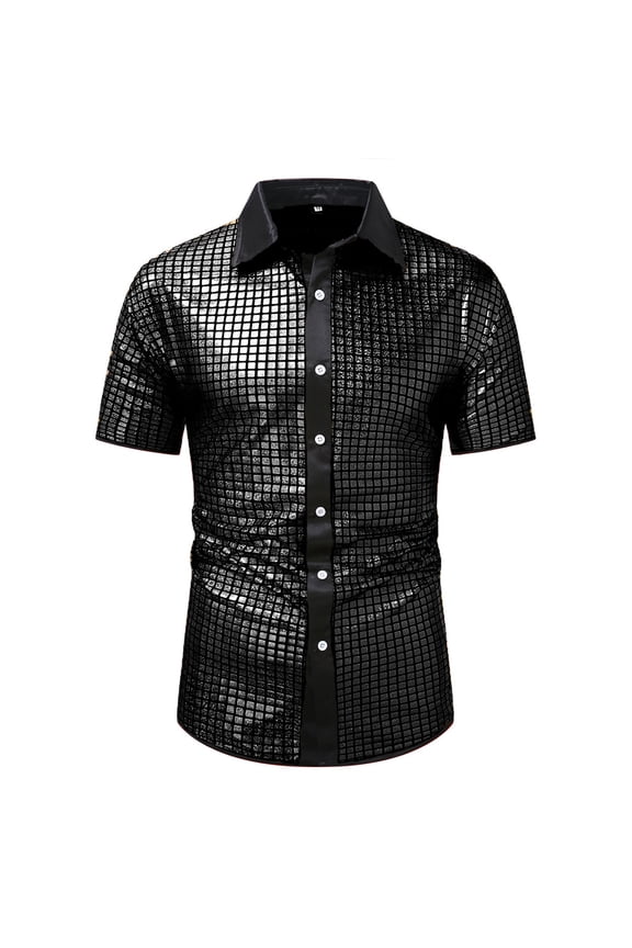 Men's Hipster Nightclub Prom Costume Shirt Disco Shiny Sequins Party Shirt Slim Short Sleeve Lapel Button Shirts Black L