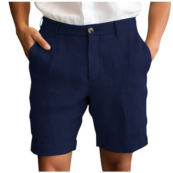 Iugvhana Men's Imitation Cotton Linen Shorts Pants Solid Color Button Casual Pleated Summer Beach Shorts with Pocket Navy XXL