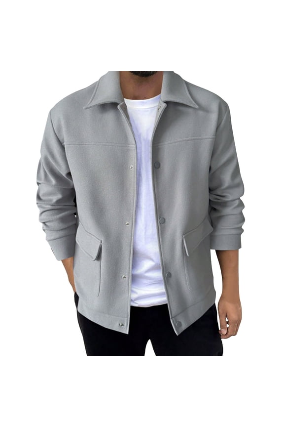Men's Jacket Casual Flap Pocket Button Front Turndown Collar Long Sleeve Jackets Fall Warm Work Stylish Jacket Outwear Gray XXL