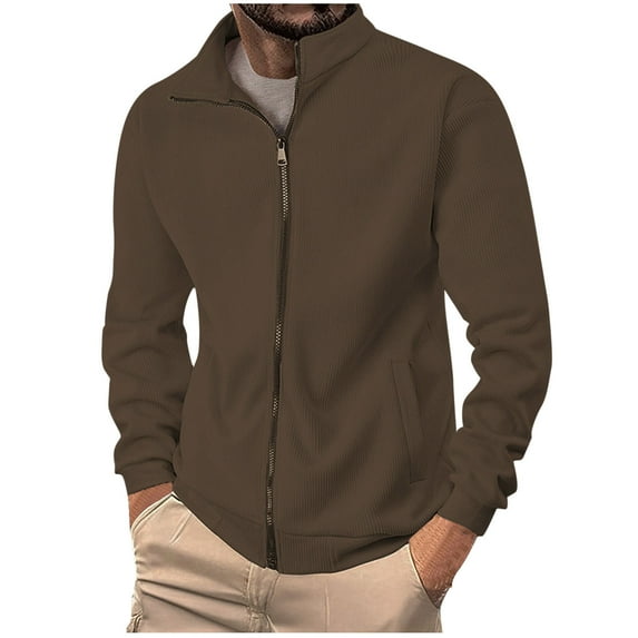 Iugvhana Men's Jacket Stand Collar Long Sleeve Full Zipper Casual Corduroy Jackets Coats Outerwear Brown S