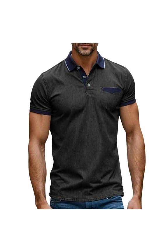 Men's Jean Polo Shirts Pullover Casual Classic Fit 3 Button Collared Shirt Short Sleeve Tees with Pocket Black XXL