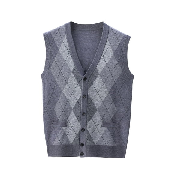 Iugvhana Men's Knit Sweater Vest Classic V-Neck Sleeveless Button Knitted Cardigan Sweaters Loose Casual Argyle Pattern Vests Gray XL