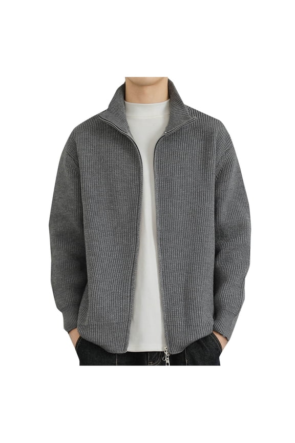 Men's Knitted Sweater Jacket Full Zip Stand Up Collar Cardigan Sweaters Coat Long Sleeve Slim Rib Knit Jackets Gray M