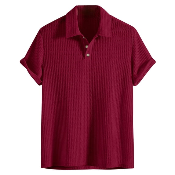 Iugvhana Men's Knitting Cotton Shirt Tops Pullover Button Lapel Short Sleeve Polo Shirts Casual Comfort Clothes Wine L