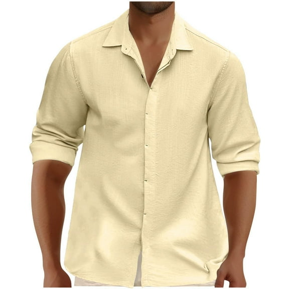 Iugvhana Men's Leisure Shirts Classic Solid Color Long Sleeve Lapel Button Down Shirt Blouse Tops Casual Business Shirt Khaki XXXL