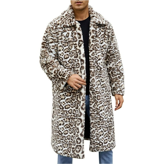 Iugvhana Men's Long Faux Fleece Coat Winter Warm Fluffy Plush Outwear Open Front Leopard Overcoat Fashion Cardigan Loose Long Sleeve Outerwear Khaki#1 XL