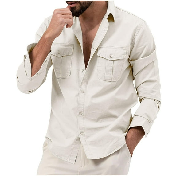 Iugvhana Men's Long Sleeve Cargo Shirt Regular-Fit Casual Solid Button Down Lapel Shirt Tops with Chest Double Pockets White L