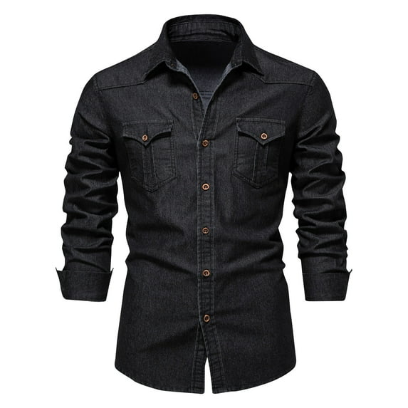Iugvhana Men's Long Sleeve Classic Vintage Motorcycle Denim Shirt Slim Fit Lapel Button Down Shirts with Pockets Black L
