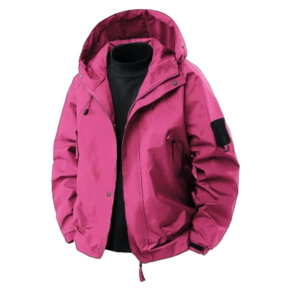 Iugvhana Men's Outdoor Waterproof Soft Shell Jacket Casual Full Zip Long Sleeve Hooded Hiking Travel Jacket Outerwear Windbreaker Hot Pink XL