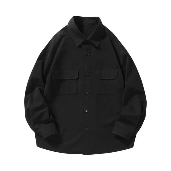 Iugvhana Men's Oversized Long Sleeve Cargo Shirts Loose Casual Solid Button Down Lapel Shirt Tops with Chest Pocket Black XXL