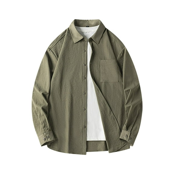 Iugvhana Men's Oversized Shirt Regular-Fit Solid Long Sleeve Button Down Lapel Cotton Shirt Tops Casual Loose Shirts Army Green L