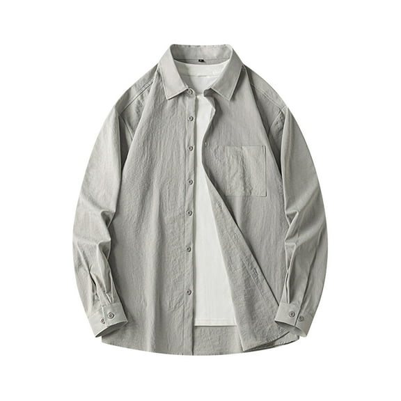 Iugvhana Men's Oversized Shirt Regular-Fit Solid Long Sleeve Button Down Lapel Cotton Shirt Tops Casual Loose Shirts Gray M