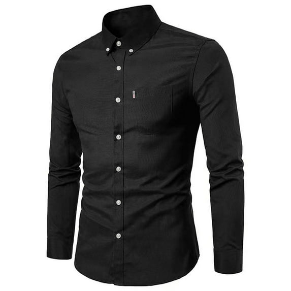 Iugvhana Men's Oxford Textile Shirt Casual Solid Long Sleeve Business Dress Shirts Slim Lapel Button Down Shirts Tops Black XL