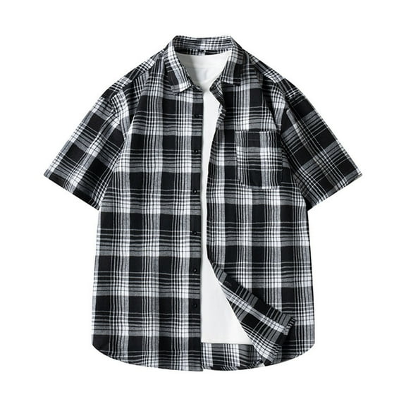 Iugvhana Men's Palid Shirt Summer Short Sleeve Button Down Pocket Lapel Collar Shirts Loose Casual Tee Shirt Top Black#1 XXXL
