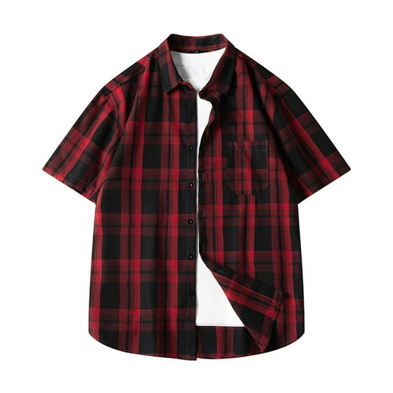 Iugvhana Men's Palid Shirt Summer Short Sleeve Button Down Pocket Lapel Collar Shirts Loose Casual Tee Shirt Top Red XXXL