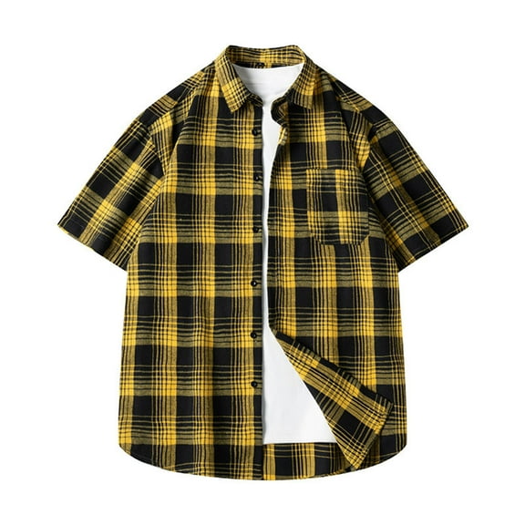 Iugvhana Men's Palid Shirt Summer Short Sleeve Button Down Pocket Lapel Collar Shirts Loose Casual Tee Shirt Top Yellow XXL