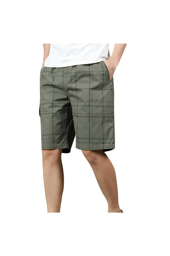 Men's Plaid Cotton Cargo Short Zipper Multi Pocket Elastic Waist Knee Length Half Pants Plus Size Outdoors Shorts Army Green XXL
