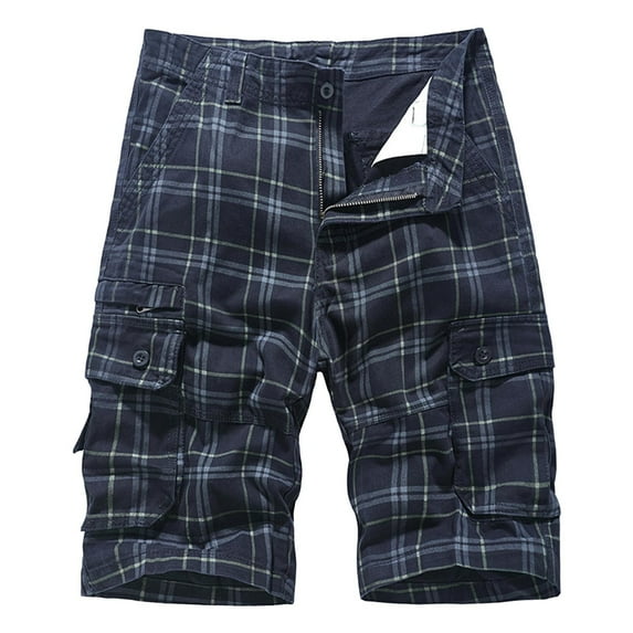Iugvhana Men's Plaid Cotton Cargo Short Zipper Multi Pocket Elastic Waist Knee Length Half Pants Plus Size Outdoors Shorts Dark Blue S