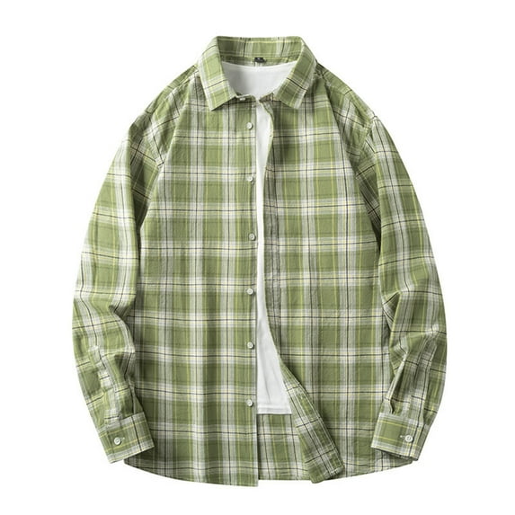 Iugvhana Men's Plaid Print Shirts Casual Loose Fit Turndown Collar Button Down Shirt Top Leisure Long Sleeve Blouses Green XXL