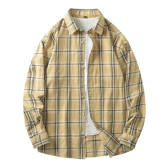 Iugvhana Men's Plaid Print Shirts Casual Loose Fit Turndown Collar Button Down Shirt Top Leisure Long Sleeve Blouses Khaki XXXXL