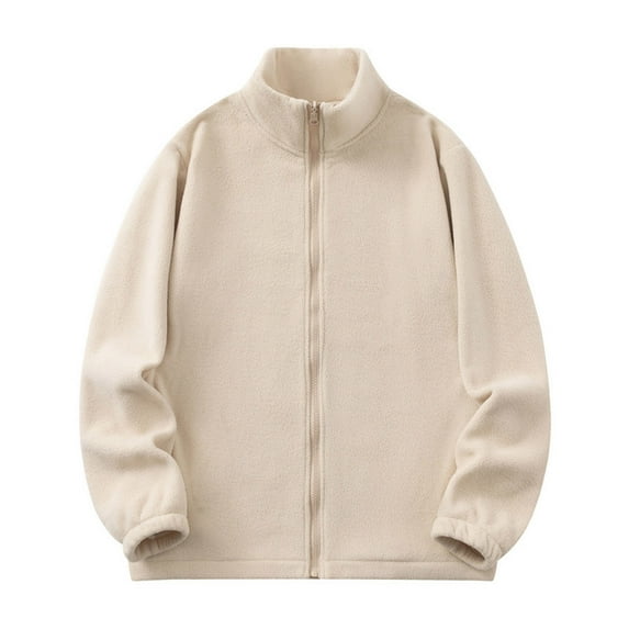 Iugvhana Men's Polar Fleece Jacket Full Zip Up Stand Collar Fuzzy Coat Sherpa Lined Warm Winter Coats Loose Casual Jackets Beige XXL