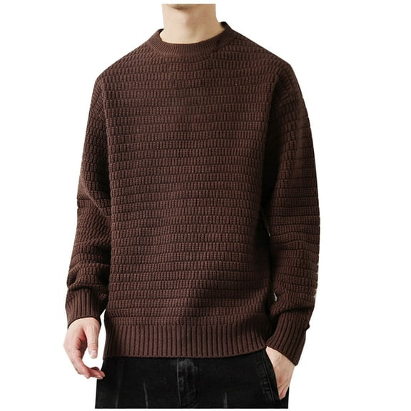 Iugvhana Men's Pullover Knitting Sweater Tops Round Neck Long Sleeve Trendy Solid Slim Fit Warm Comfort Fall Winter Sweaters Coffee XL