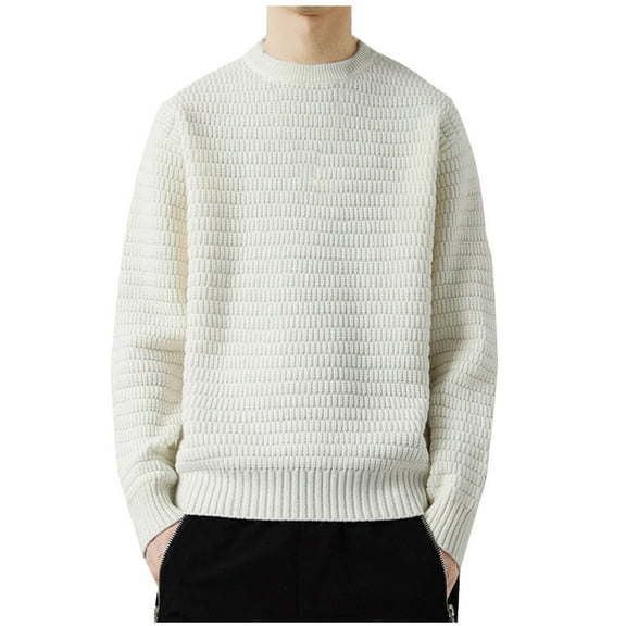 Iugvhana Men's Pullover Knitting Sweater Tops Round Neck Long Sleeve Trendy Solid Slim Fit Warm Comfort Fall Winter Sweaters White L