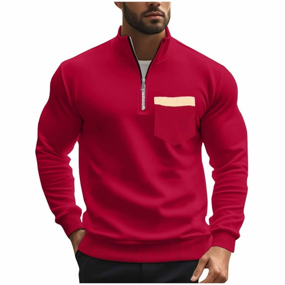 Iugvhana Men's Quarter Zip Sweatshirt Stand Up Collar Pullover Shirts Warm Long Sleeve Loose Casual Sweatshirts Tops Red L