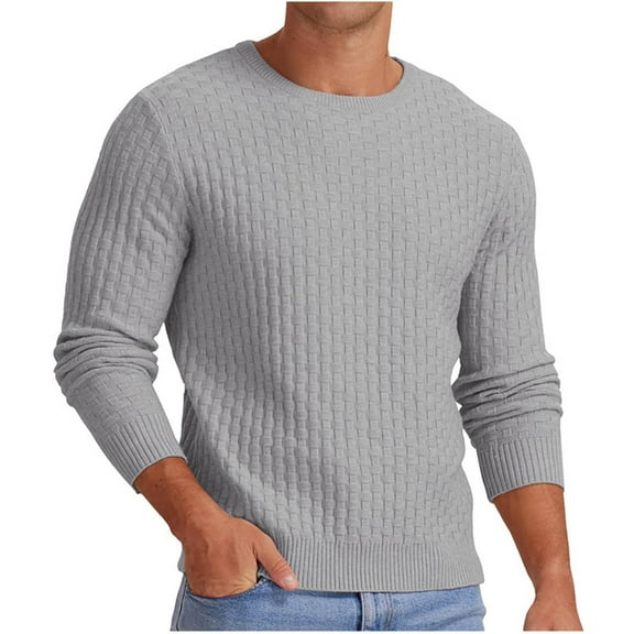 Iugvhana Men's Regular-Fit Crewneck Sweaters Classic Solid Textured Cable Knitted Pullover Sweater Thermal Long Sleeve Tops Gray L
