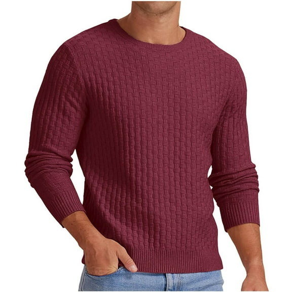 Iugvhana Men's Regular-Fit Crewneck Sweaters Classic Solid Textured Cable Knitted Pullover Sweater Thermal Long Sleeve Tops Red L