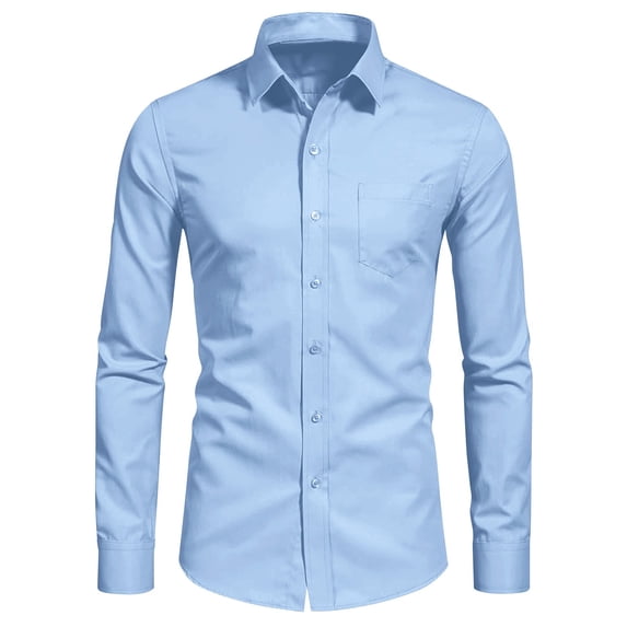 Iugvhana Men's Regular Fit Shirt Four Side Silk Solid Long Sleeve Business Dress Shirts Slim Lapel Button Down Pocket Tops Light Blue M