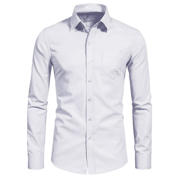 Iugvhana Men's Regular Fit Shirt Four Side Silk Solid Long Sleeve Business Dress Shirts Slim Lapel Button Down Pocket Tops White S