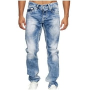 Iugvhana Mens Relaxed Fit Straight Leg Jeans Classic Fit Bootcut Jeans Casual Washed Denim Trousers with Pockets Button Zip Fashion Long Pants Light Blue M
