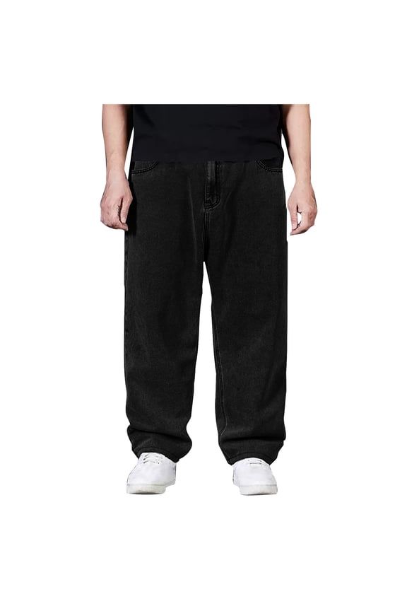 Men's Relaxed Fit Straight Leg Jeans Classic Fit Bootcut Jeans Casual Washed Denim Trousers with Pockets Fashion Lace Up Long Pants Black 48