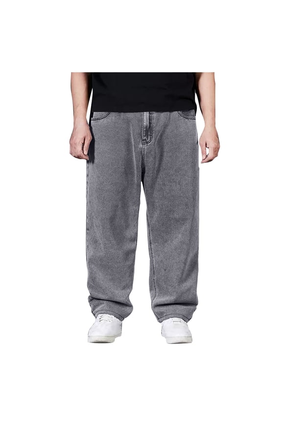 Men's Relaxed Fit Straight Leg Jeans Classic Fit Bootcut Jeans Casual Washed Denim Trousers with Pockets Fashion Lace Up Long Pants Gray 48