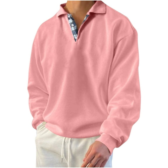 Iugvhana Men's Relaxed-Fit Turndown Collar Shirt Tops Pullover Button Up Long Sleeve T-Shirts Casual Comfy Fall Sweatshirt Pink XXXL