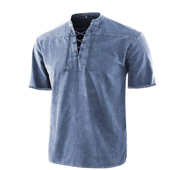 Iugvhana Men’s Renaissance Costume Beach Shirts Short Sleeve Lace-up Viking Pirate T-Shirts V Neck Hippie Yoga Tops Blue XXXL