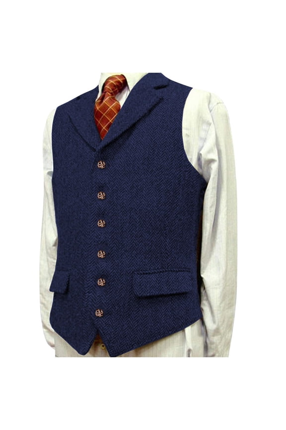 Men's Retro Tweed Suit Vest Western Herringbone Breasted Slim Blazer Regular Fit Dress Waistcoat for Jacket Blue L