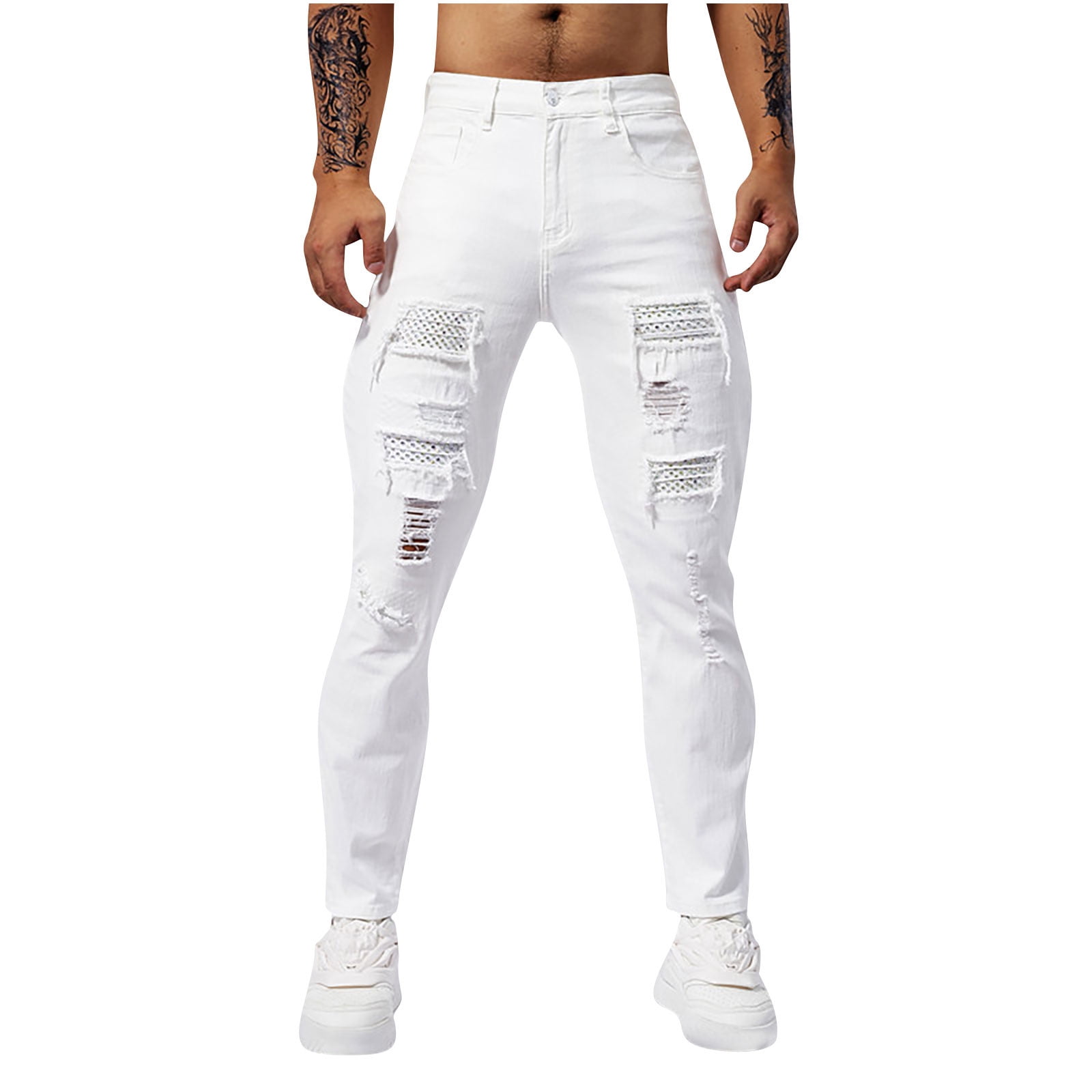 Iugvhana Men's Ripped Patch Jeans Pockets Slim Fit Distressed