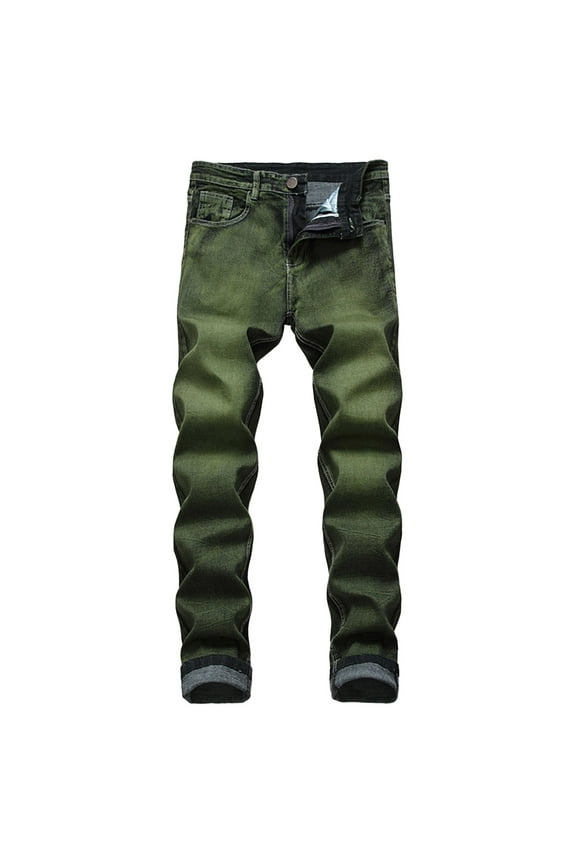 Men's Ripped Slim Fit Straight Leg Jean Denim Pant with Pockets Zip Button Fashion Trouser Distressed Destroyed Skinny Jeans Green 34