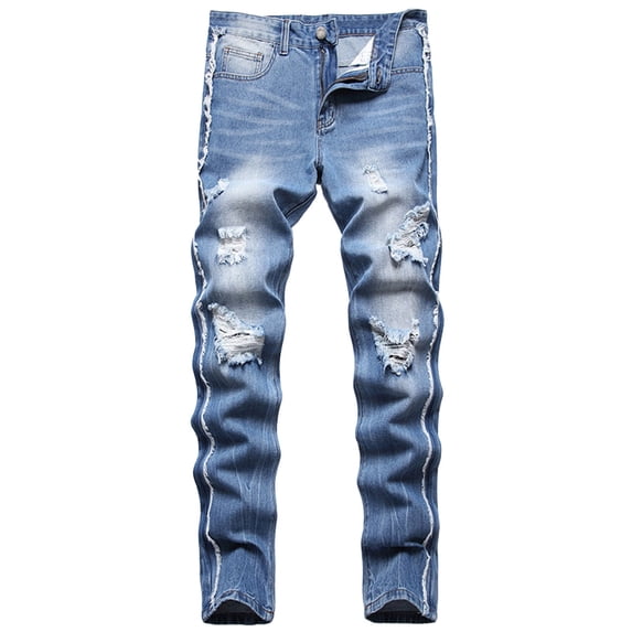 Iugvhana Men's Ripped Slim Fit Straight Leg Jean Denim Pant with Pockets Zip Button Fashion Trouser Distressed Destroyed Skinny Jeans Light Blue 36