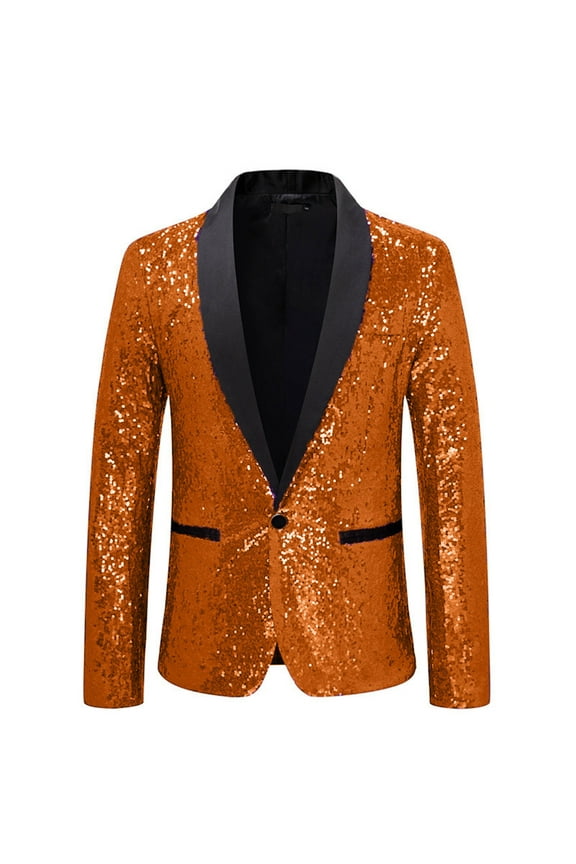 Men's Sequin Blazer Slim Fit Lapel Shiny Sparkly Sports Coat One Button Suit Jacket Orange XL